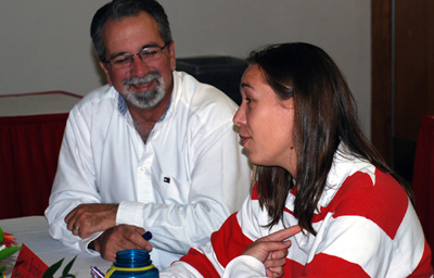 man and woman talking